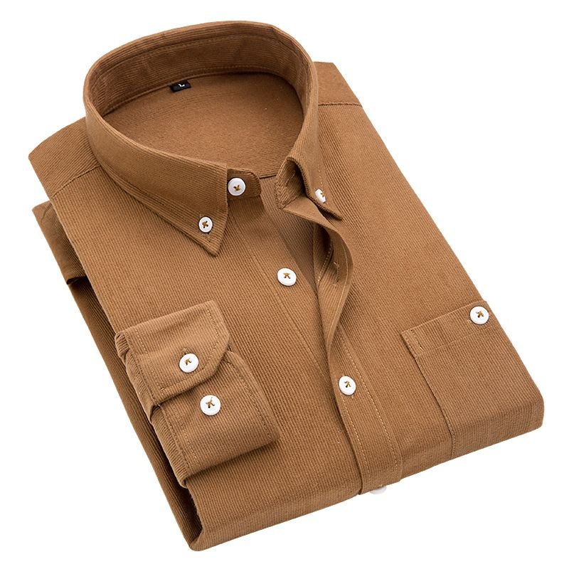 Men Fashion Casual Business Solid Color Corduroy Plus Size Long Sleeve Lapel Shirt