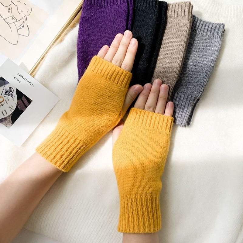 Autumn Winter Women Fashion Solid Color Warm Knitted Half Finger Wool Gloves