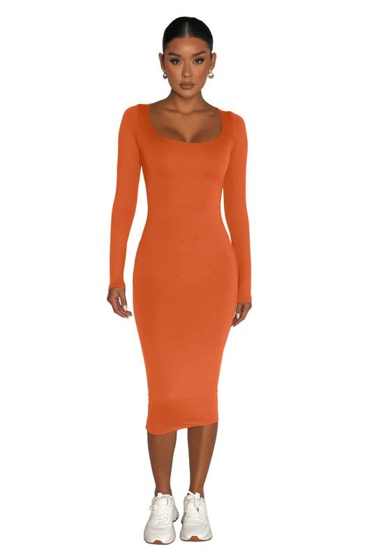 Women Fashion Solid Color Round Neck Long Sleeve Tight Dress