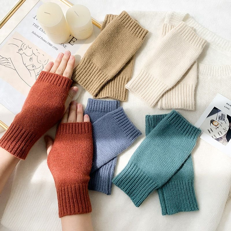 Autumn Winter Women Fashion Solid Color Warm Knitted Half Finger Wool Gloves