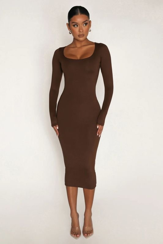 Women Fashion Solid Color Round Neck Long Sleeve Tight Dress