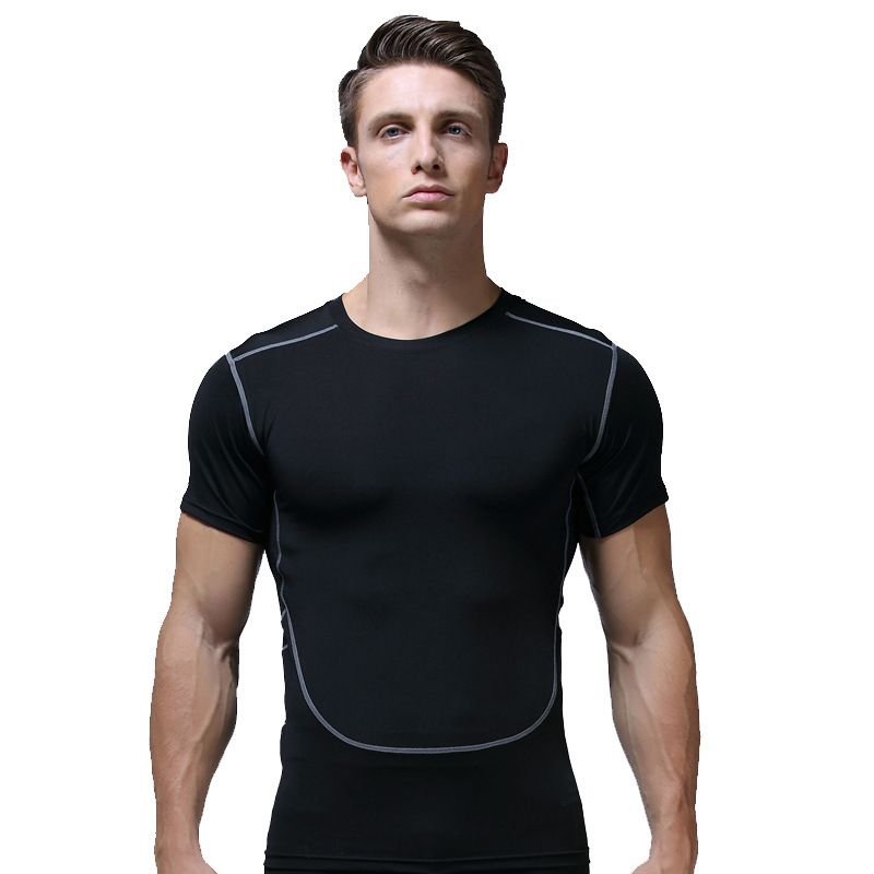 Men Casual Basic Stripe Quick Drying Short Sleeve Round Neck Sports Tight T-Shirt