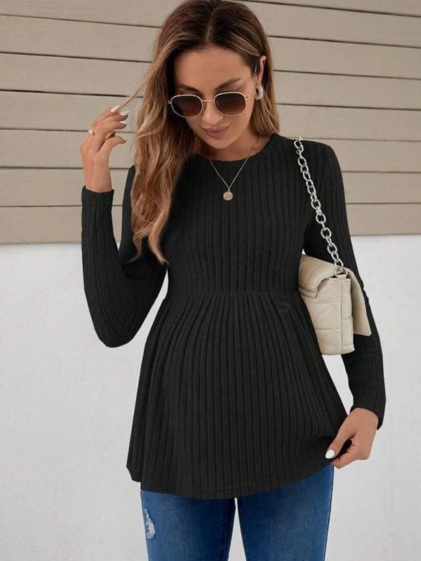 Pregnant Women Fashion Solid Color Round Neck Long Sleeve Top