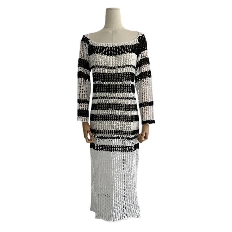 Women Fashion Black White Stripe Hollow U Neck Knitted Long Sleeve Maxi Dress