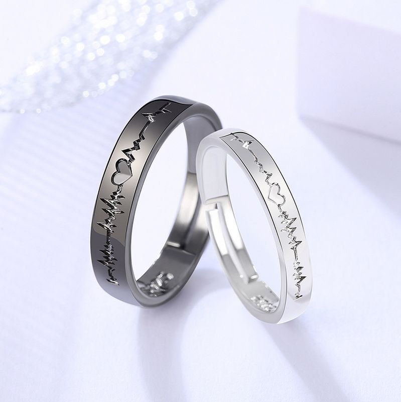 Simple Fashion Black White ECG Opening Couple Ring