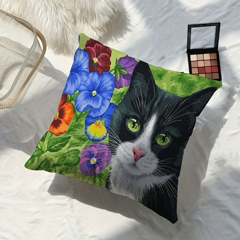 Fashion Cartoon Oil Painting Green Eye Cat Printed Home Sofa Cushion Cover