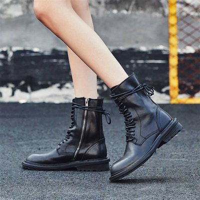 Size:4.5-9 Women Solid Color Lace-up Genuine Leather Zipper Boots