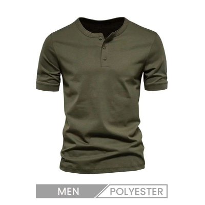 Men V Neck Short-Sleeved Casual Slim-Fit Henry Collar Solid Color T-Shirt