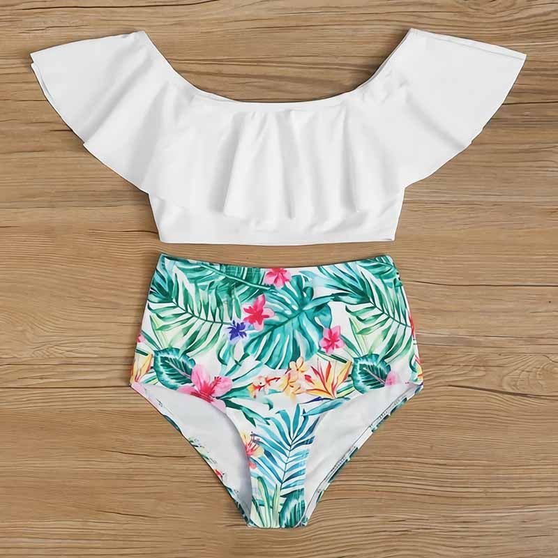 Kids Toddler Big Girls Casual Vacation Floral Print Sleeveless Off Shoulder Tankinis Swimwear Set