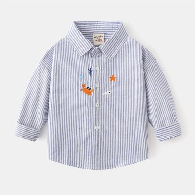 Kids Toddler Boys Fashion Casual Stripe Cartoon Embroidery Long Sleeve Lapel Shirt