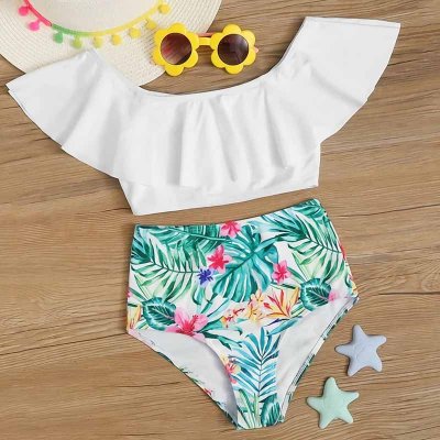 Kids Toddler Big Girls Casual Vacation Floral Print Sleeveless Off Shoulder Tankinis Swimwear Set