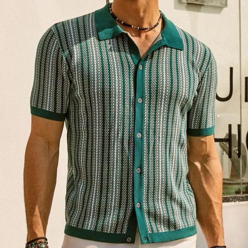 Men Fashion Casual Color Matching Cardigan Knitted Short Sleeve Lapel Shirt