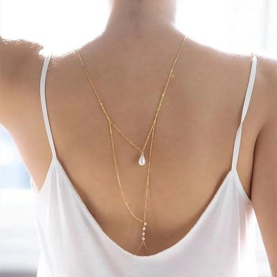 Women Fashion Sexy Rhinestone Metal Chain Pearl Pendant Back Body Chain