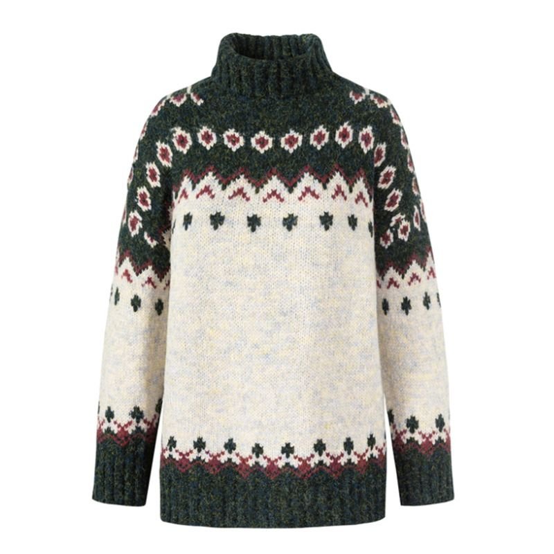 Autumn Winter Women Fashion Christmas Jacquard Knitted Round Neck Long Sleeve Sweater