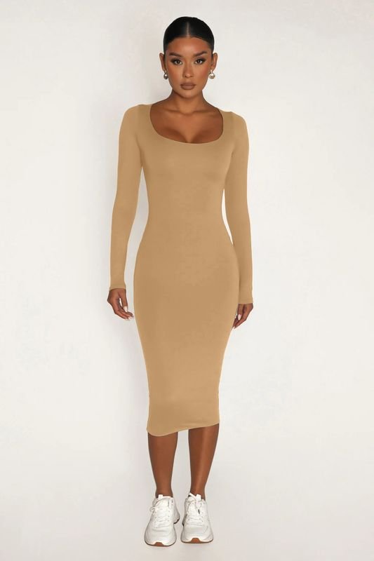 Women Fashion Solid Color Round Neck Long Sleeve Tight Dress