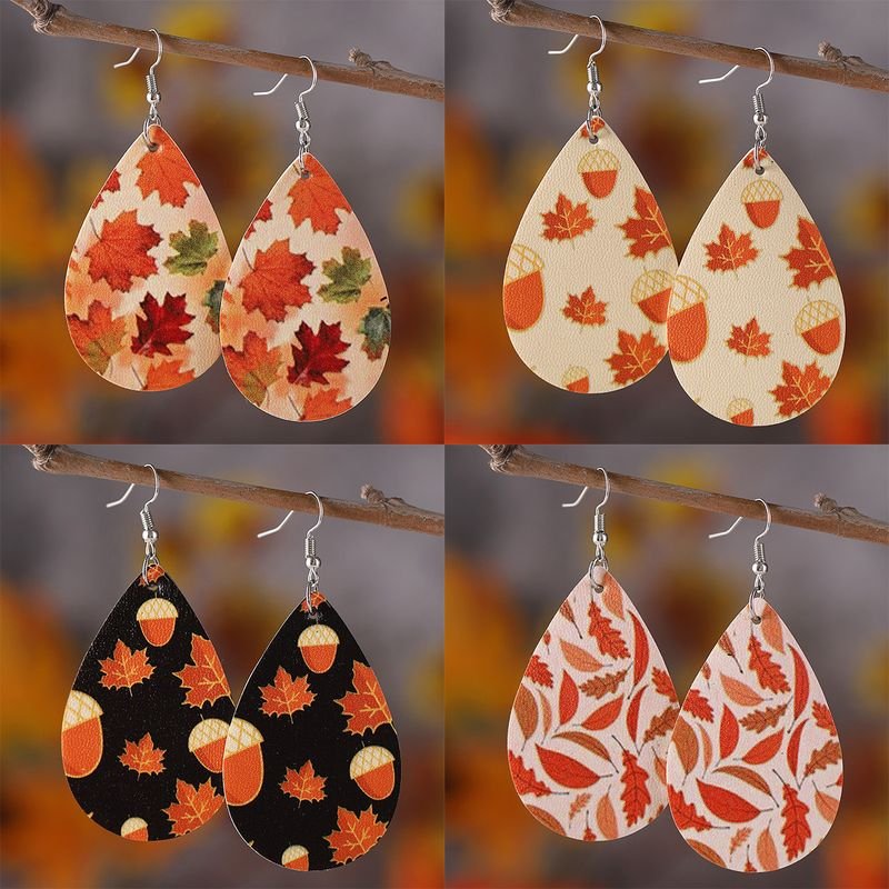 Autumn Thanksgiving Maple Leaf Pendant Pu Leather Earrings