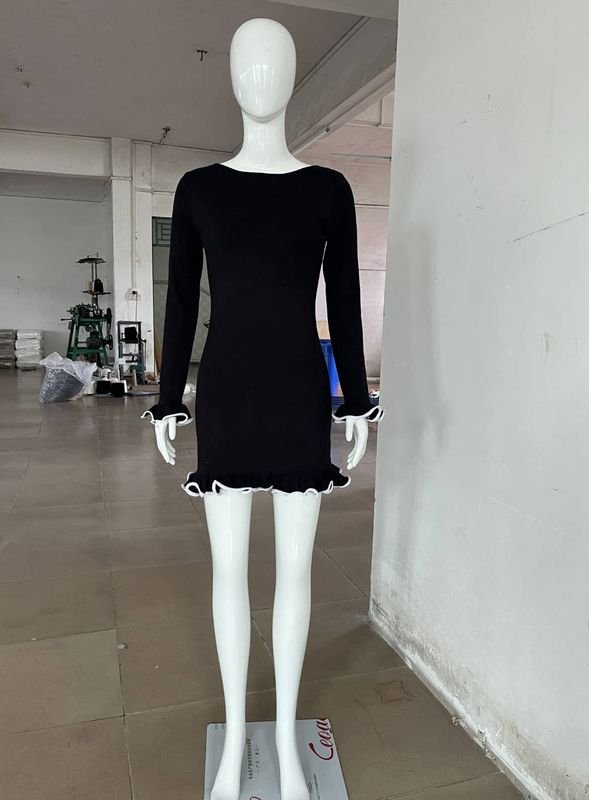 Summer Women Fashion Solid Color Wood Ear Hem Knitted Long Sleeve Tight Dress