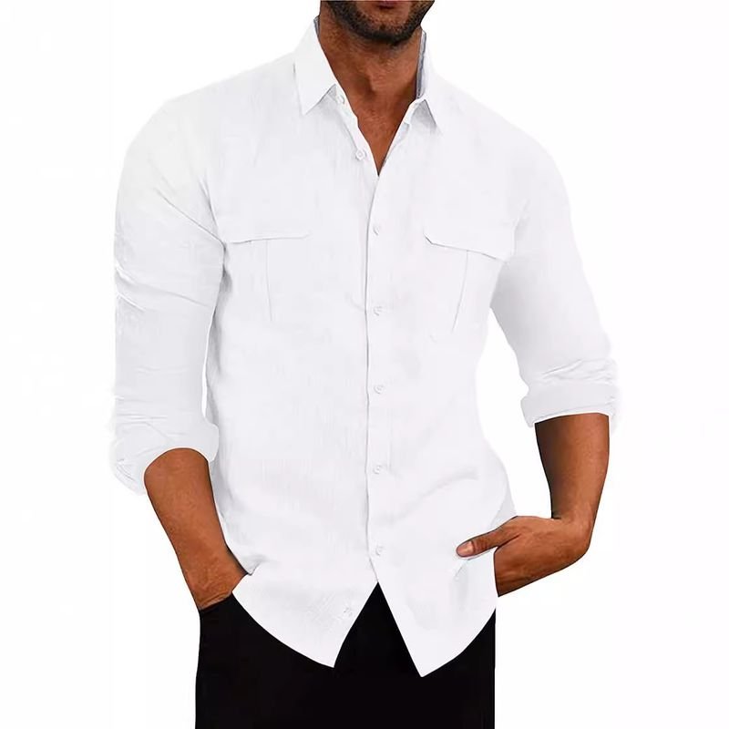 Men Fashion Casual Basic Solid Color Long Sleeve Lapel Shirt