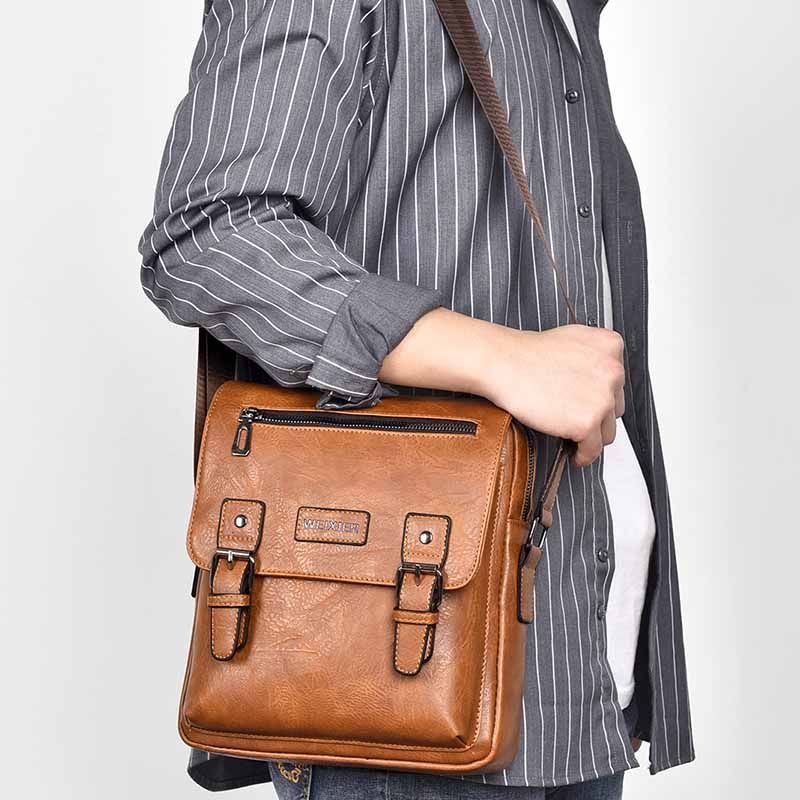 Men Fashion Casual Commuter Canvas Litchi Grain PU Crossbody Bag