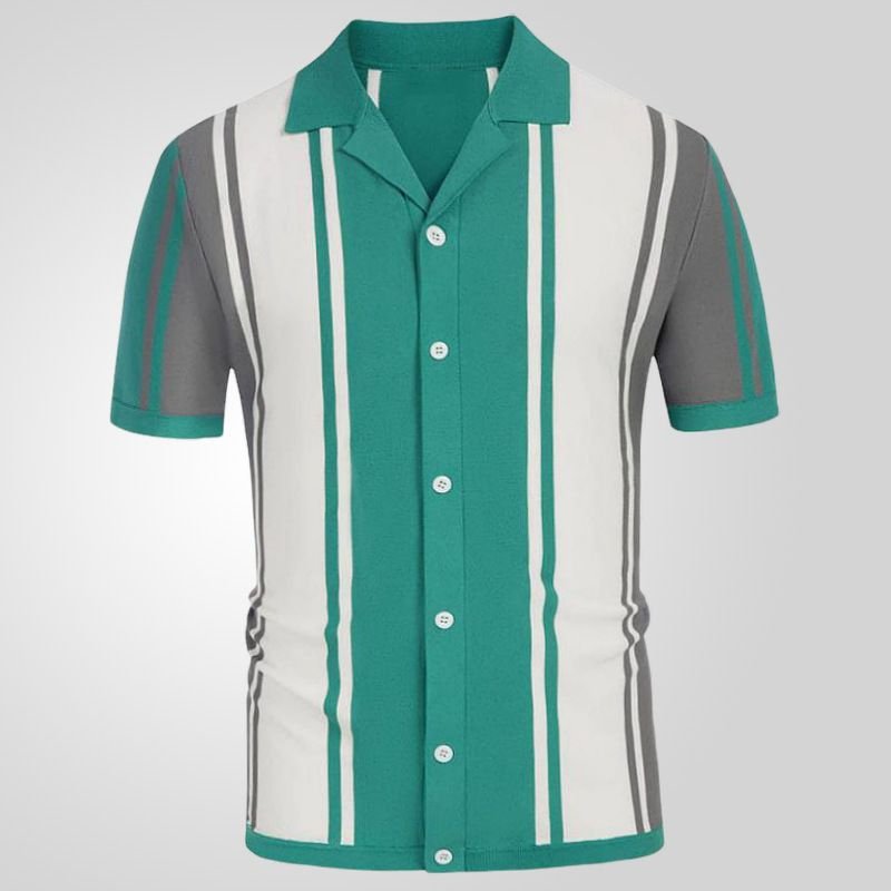 Men Fashion Casual Color Matching Stripe Cardigan Knitted Short Sleeve Lapel Shirt