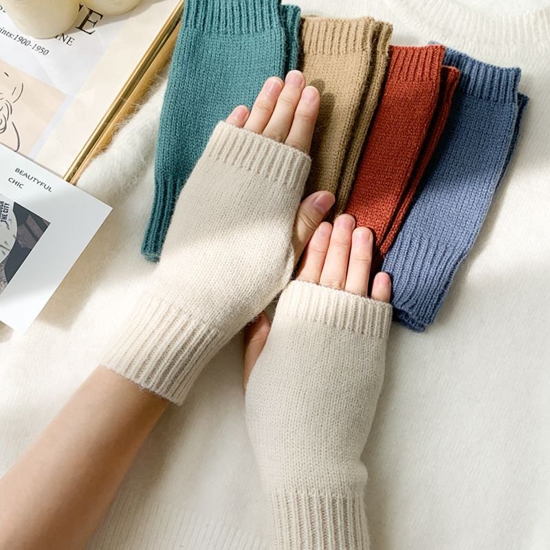 Autumn Winter Women Fashion Solid Color Warm Knitted Half Finger Wool Gloves